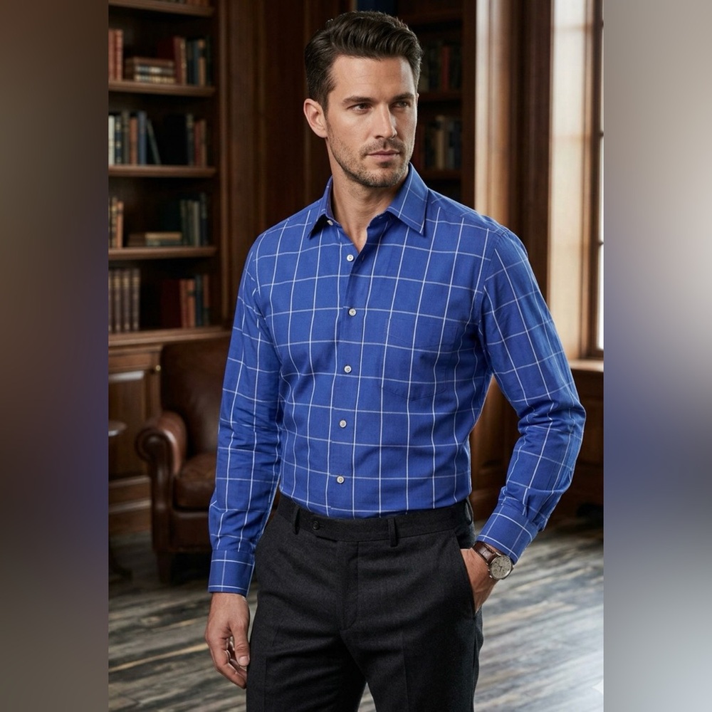 Brioni  Shirt Italy Men’s  S Blue  Check Windowpane Long Sleeve Cotton 90’s